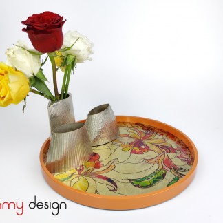 Orange round lacquer tray hand-painted with Orchid  30cm